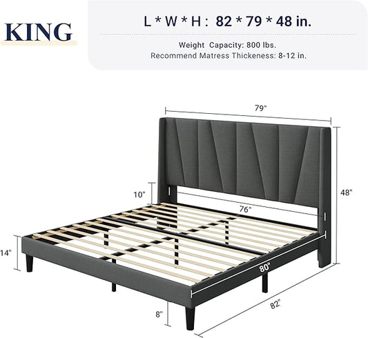 Allewie King Size Platform Bed Frame with Geometric Wingback Headboard, Boho Upholstered Bed with Wooden Slats Support, No Box Spring Needed, Easy Assembly, Dark Grey