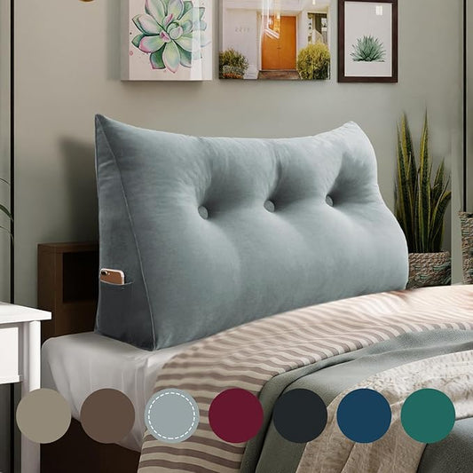 8 lbs Thickened Twin Wedge Pillow Headboard College Dorm Bed Velvet Wedge Pillow Backrest Triangular Headboard Pillows with Side Pocket, Dorm Bedding Essentials for Girls & Boys, Gray