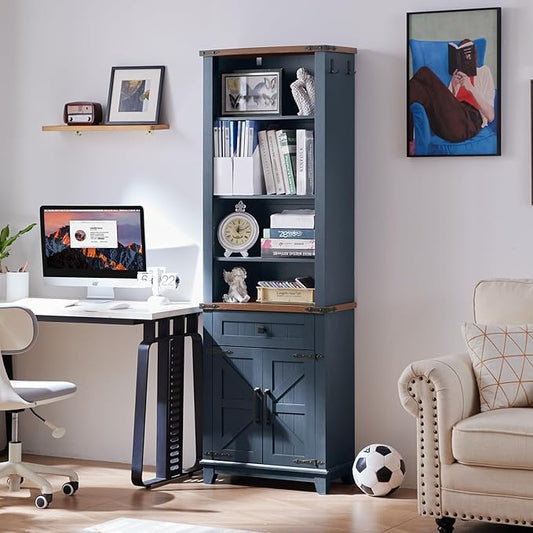 72in Tall Bookshelf 7 Tier Bookcase with Drawer and Barn Doors and Adjustable Shelves, Blue Farmhouse Book Shelf with Storage Cabinet, Wood Freestanding Display Bookshelves for Kitchen (4PCS)