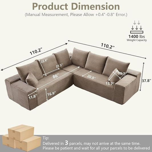 Sectional Cloud Couch for Living Room, Modern Modular Floor Deep-Seat Sofa, Upholstered L Shaped Sofas, Big Comfy Corduroy Couches Set for Living Room Bedroom, No Assembly Required, Camel