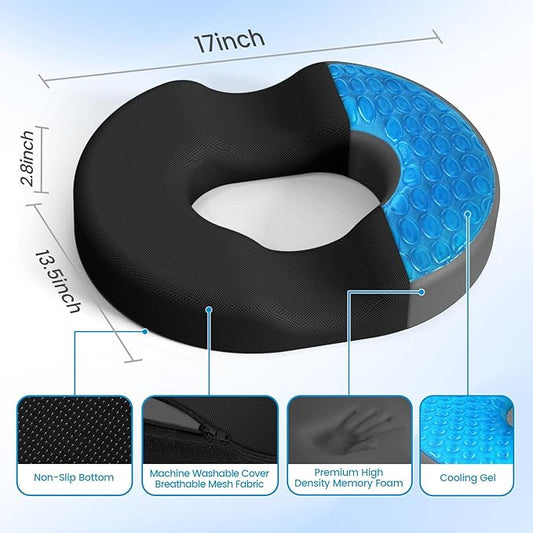 Donut Pillow Seat Cushion - Cooling Gel Floor Pillow, Memory Foam Floor Cushion for Office & Home, Car Seat, Hemorrhoids Pillow, Sciatica & Tailbone Pain Relief Chair Cushion, Black