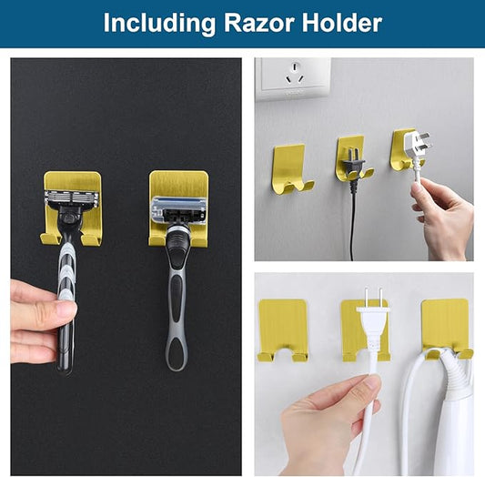 Diesisa Razor Holder for Shower + Adhesive Wall Hooks, Premium 304 Stainless Steel Shower Razor Holder with Heavy Duty Waterproof Sticky Hooks for Hanging Towels, Coat, hat (2+2 Pack)-Gold