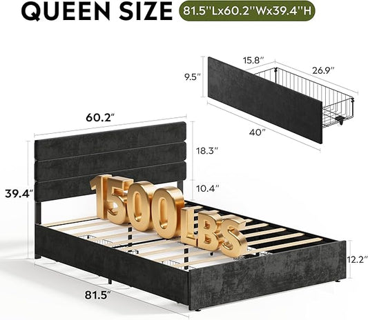 WLIVE Queen Size Upholstered Bed Frame with 4 Storage Drawers and Headboard, Velvet Platform Bedframe, Sturdy Metal & Wooden Slats Support, No Box Spring Needed, Easy Assembly, Black