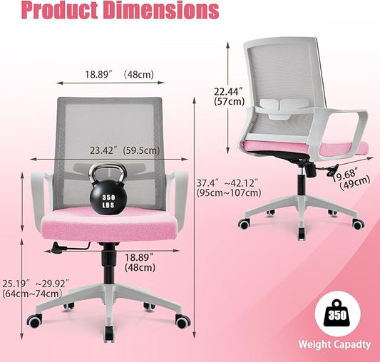 Office Chair ergonomically Designed with Breathable mesh backrest and Lumbar Support Adjustable Height Suitable for Offices Homes bedrooms Study Rooms (Pink)