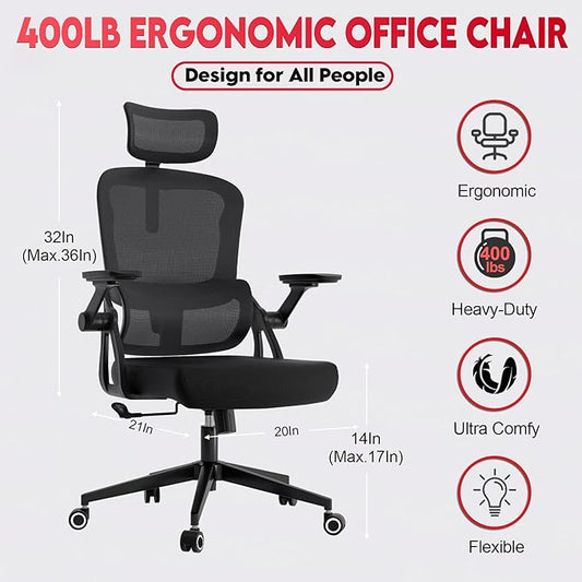 Ergonomic Office Chair - 400LB Comfy Desk Chairs with Adjustable Headrest and Lumbar Back Support, Mesh Computer Chairs with Wheels and Arms for Home Office, Study