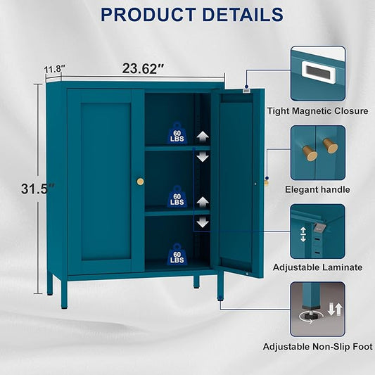 Coffee Bar Cabinet, Metal Sideboard Buffet Cabinet,Metal Storage Cabinet with 2 Doors and Adjustable Shelves for Kitche, Living Room, Entryway, Bathroom,Office (Blue, 31.5" H)