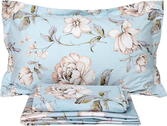 FADFAY Shabby Floral Bed Sheet Set California King Cotton Farmhouse Bedding Set 4 Piece:1 Flat Sheet +1 Fitted Sheet +2 Pillow Shams