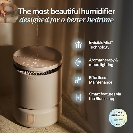BLUEAIR Room Humidifier - DreamWell - 48Hr Top-Fill Mist-Free InvisibleMist Technology Aroma Stone for Essential Oils and Soothing Mood Lighting - Quiet Operation for Bedroom and Home Use, Beige