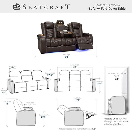 Seatcraft Anthem Italian Leather Sofa w/Fold-Down Table & Loveseat w/Storage Console, Living Room, Power Headrest, Power Recline, Brown