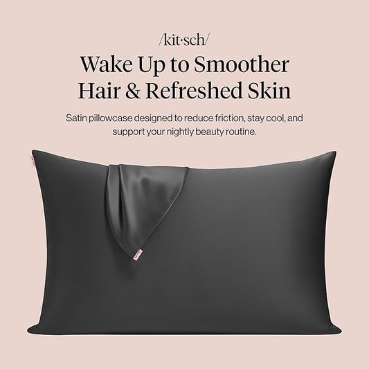 Kitsch Satin Pillowcase with Zipper for Hair & Skin, Softer Than Silk Pillow Cases Queen Size Set of 2, Wrinkle-Free, Smooth and Cooling Satin Pillow Covers, Standard Size 19"x26" - Charcoal, 2pcs