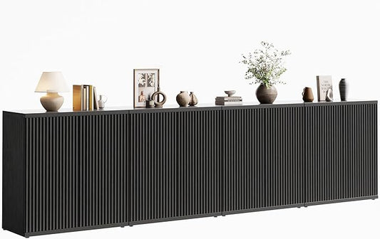 Fluted Buffet Cabinet Sideboard with Storage,Wooden Credenza with 2 Doors&Adjustable Shelve, Modern Accent Cabinets Coffee Bar Bookcase for Living Room,Kitchen Dining Room Entryway 15"D Black