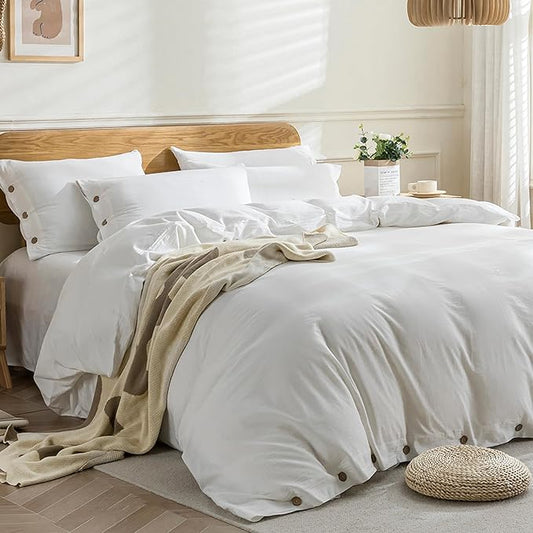JELLYMONI Cotton Duvet Cover Oversized Queen Size - Bright White Comforter Cover with Button 100% Washed Cotton 3PCS Breathable Soft Solid Bedding Set Duvet Cover 98×98in & 2 Pillowcases (NO Insert)