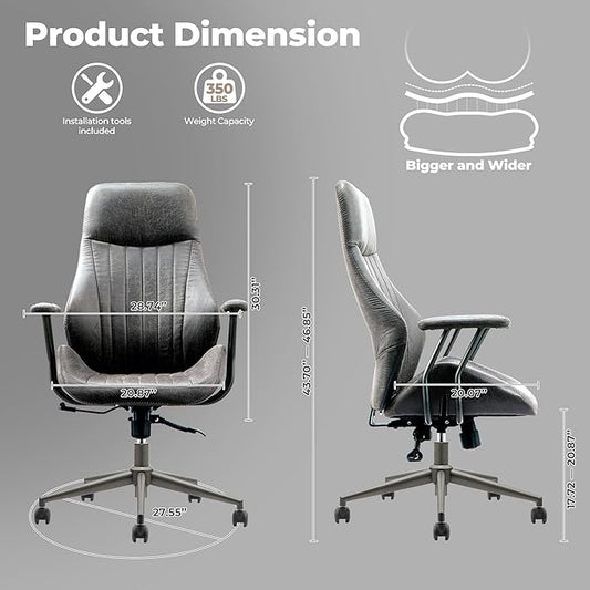 ovios Ergonomic Office Chair, High Back Faux Leather Executive Chairs with Armrests, Comfy High-Century Modern Swivel Rolling Computer Armchair (Dark Grey, Suede Leather)