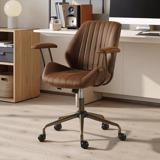 Home Office Desk Chair, Mid-Century Modern Office Chair with Adjustable Lumbar Support, Adjustable Height Executive Chair with 360 Rolling Swivel for Meeting Study Room(Mid Back, Dark Brown)