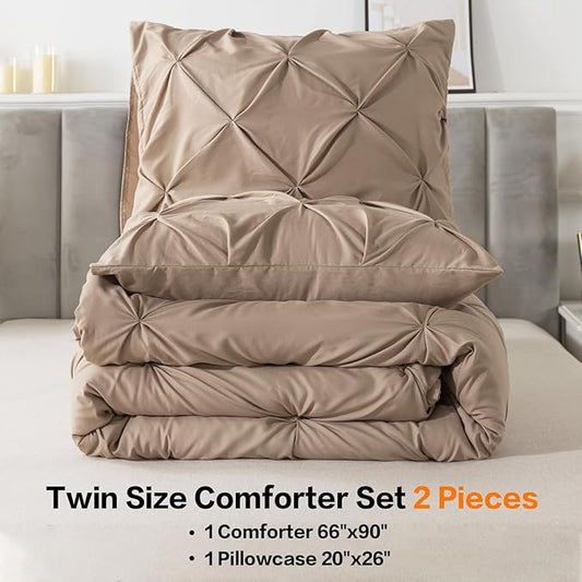 Andency Taupe Comforter Twin(66x90Inch), 2 Pieces(1 Pintuck Comforter, 1 Pillowcase) Microfiber Pinch Pleat Comforter Set Twin Size, Lightweight and Soft Bedding Comforter Set