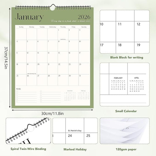 Wall Calendar 2026-2027, 18 Month Calendar from January 2026 to June 2027 14.5" x 11.8" Large Desk Calendar with Twin-Wire Binding for Home Office Planning Personal Organisers, Simple Style