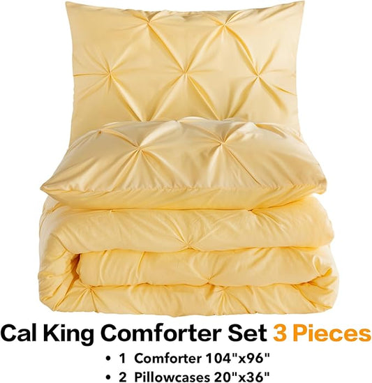 Andency California King Comforter Set Yellow (104x96Inch), Pinch Pleat Cal King Comforter Set 3 Pieces, Oversized King Pintuck Bed Comforter, Microfiber Down Alternative Comforter Bedding Set