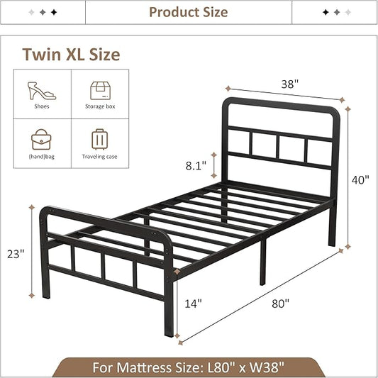 Twin XL Bed Frame with Headboard and Footboard 14 Inch, XL Twin Platform Bed Frame with Strong Metal Slats Support, Under-Bed Storage, Noise Free, Easy Assembly, Black
