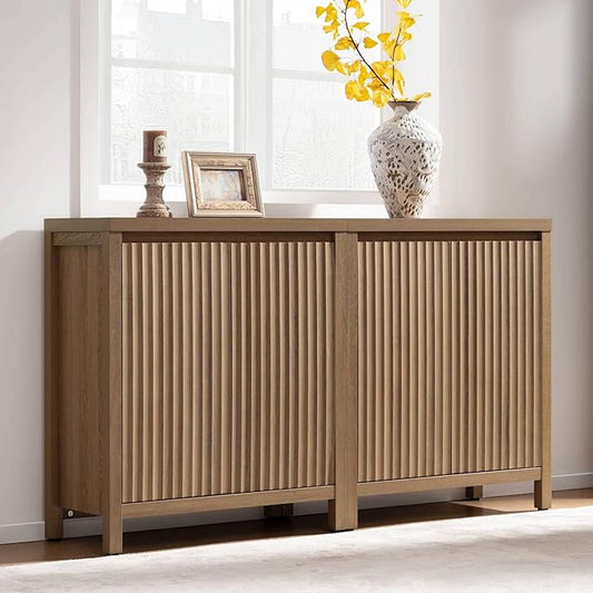 SICOTAS Sideboard Buffet Cabinet with Storage, Fluted Credenza Console Cabinet with Adjustable Shelves, Farmhouse Coffee Bar Storage Cabinets for Kitchen, Living Room, Entryway, Caramel Oak, 2 PCS