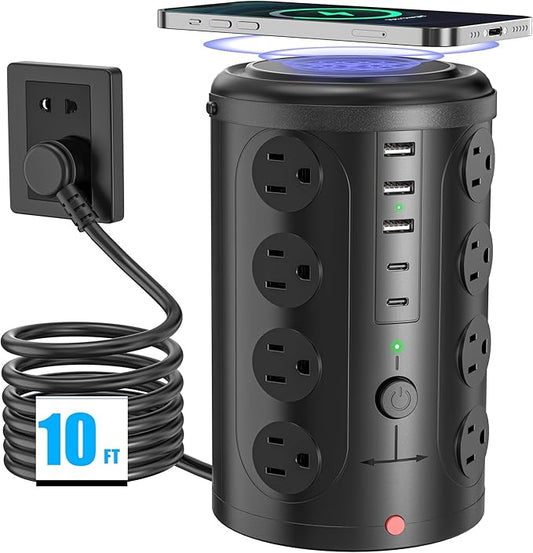 Surge Protector Power Strip,Desk Charging Station with 15W Wireless Charger, Multiple Outlets Charging Station with 16 AC Outlets & 5 USB (2 USB C) Port, for Home, Office, Dorm Room(10FT)