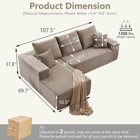 107" Cloud Sectional Couch with L-Shape Chaise, Modern Modular Comfy Sofa with Deep Seat, Upholstered Corduroy Couches Sleeper Chaise Longue for Living Room Bedroom, No Assembly Required, Camel