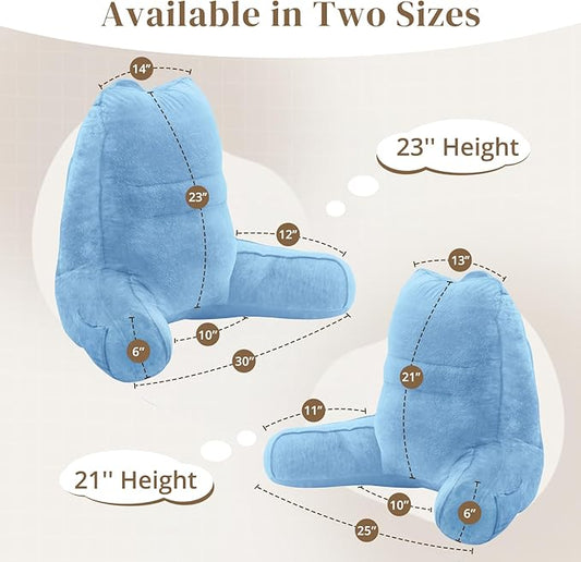 Sasttie Reading Pillow for Bed - 23 Inch, Back Pillow for Bed Sitting Up, Back-Rest Support Cushion with Side Pockets and Arms, Dorm Essentials, Oeko-Tex Certified, Blue