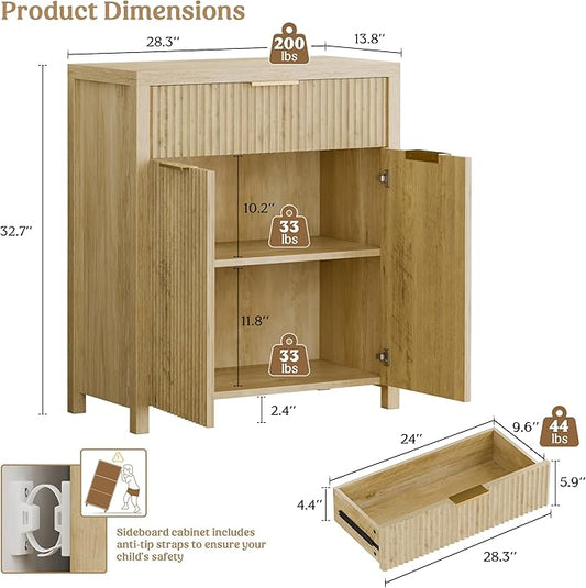 Lulive Fluted Buffet Cabinet with Storage Sideboard Cabinet Adjustable Shelves for Kitchen Living Room, Kitchen, Entryway