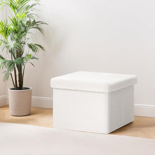 PINPLUS Storage Ottoman Cube Ottoman Foot Rest,Small Foldable Portable Boucle Upholstered Sherpa Ottomans, Faux Teddy Fur, White 16.5"x12.6"x12.6"