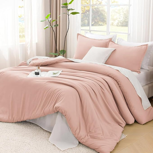 Litanika Comforter Set, Lightweight Solid Bedding Comforter Set, Fluffy Down Alternative Bed Set, Blush Pink, Oversized King