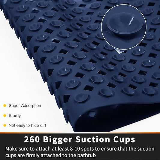 Yimobra Non Slip Bath Mat, Super Strong Suction Cups,34.5"x15.5"Long Tub Mat with Drain Holes, Machine Washable Fast Draining Shower Mats, Bathroom Essentials,Navy Blue