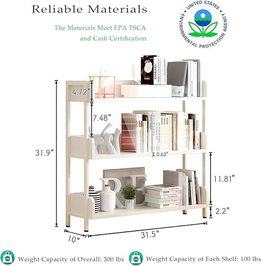 Wide Open Shelf Bookcase - Modern 3-Tier Floor Standing Display Bookshelf with Top Edge and Metal Frame for Home and Office, Storage Shelving, Warm White