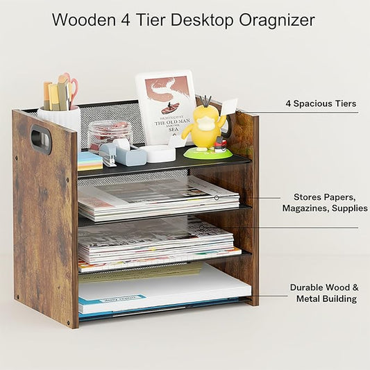 Wood Desk Organizer - 4-Tier Desktop File Organizer, Wooden Paper Organizer, Office Desk Organizer for Papers, Mail, Notebooks, Stationery