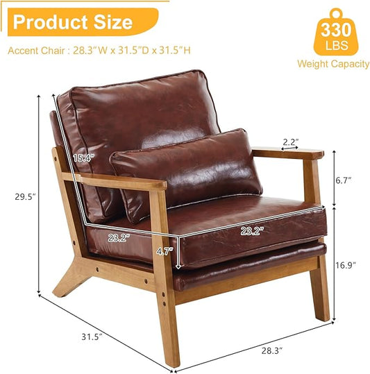 Karl home Accent Chair Wide Armrest Mid-Century Lounge Chair PU Leather Armchair with Lumbar Pillow & Solid Wood Frame for Living Room, Bedroom, Balcony, Red-Brown