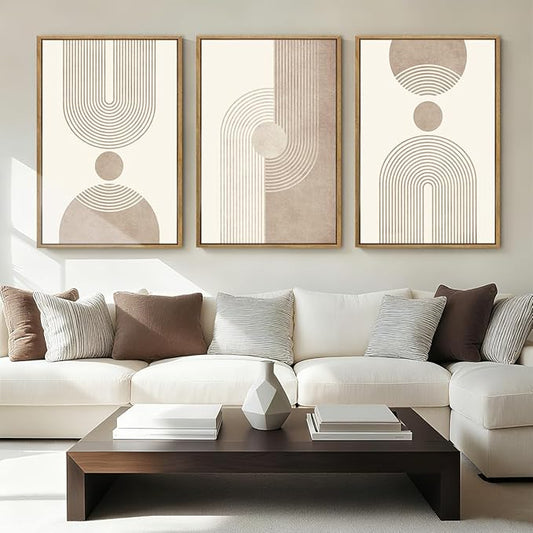 BINCUE Beige Neutral Canvas Wall Art Framed Geometric Abstract Wall Decor Mid Century Modern Artwork Wall Decor for Living Room Bedroom Office 16"x24" Set 3 Gift