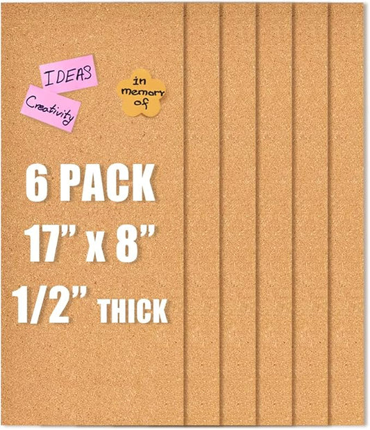 17x8 Cork Board Tiles Bulletin Board, 1/2" Thick Self-Adhesive Cork Boards for Walls, Cork Tiles Vision Board for Home, Office, School, Bulletin Board Decorations(12mm,6pc)