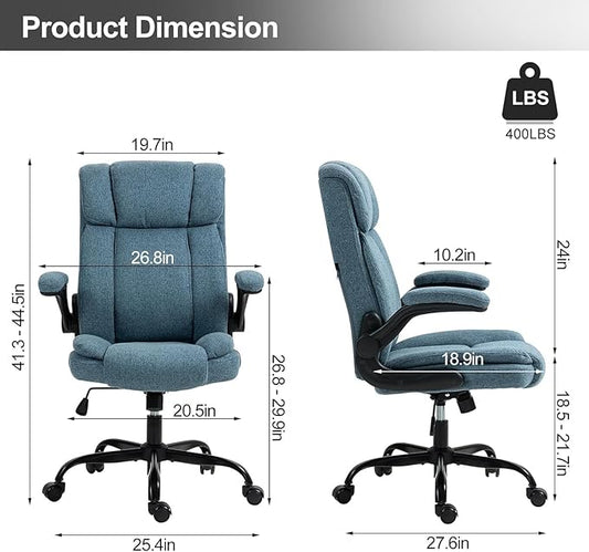 Office Chair High Back Ergonomic Executive Computer Desk Chair Comfortable Fabric Padded Home Office Desk Chairs with Flip-up Arm Rest Adjustable Height Swivel Wheels (Blue)