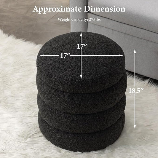 Furniliving Modern Round Ottoman, Soft Bedroom Ottoman Footstool Round Ottomans Stool for Living Room, Bedroom, Makeup Room, Black, Boucle
