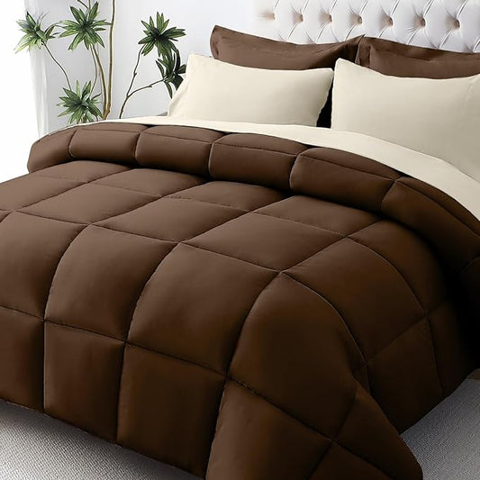 JOLLYVOGUE King Comforter Set, Ultra-Soft Bed in a Bag King Size 7 Pieces, Oeko-TEX Certified Bedding Set with Down Alternative Comforter, Sheets, Pillowcases & Shams, Brown & Beige