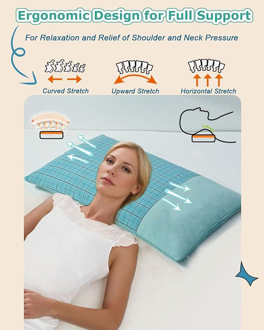 Buckwheat Hull Neck Pillow, Rectangle Pillow for Neck Pain Relief Ergonomic Support, with Washable Cover, Adjustable Filling for Side/Back Sleepers, 23x13 Inch, Blue