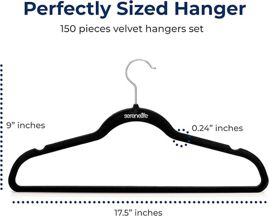 SereneLife Non-Slip Velvet Hangers, Mega Pack, 150 Pieces Hangers for Clothes, Heavy Duty Cloth Hanger Set with 360 Degree Swivel Hook, Black