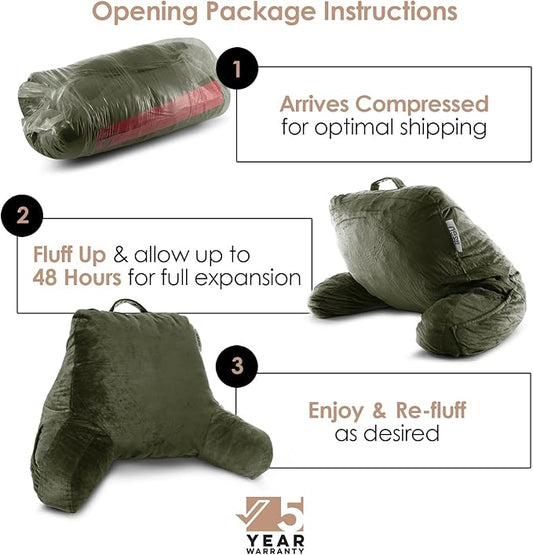 Nestl Reading Pillow with Shredded Memory Foam, Designed for Sitting Up in Bed and Couch, Back and Arms Adjustable Support for Adult & Teens Backrest Pillows for Reading, Washable Cover, Olive Green