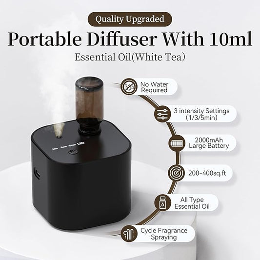 Scent Diffuser,Waterless Essential Oil Diffuser,Mini Portable Aroma Diffuser with Battery Operated,3 Mist Modes,Cycle Start,for 400 sq.ft Room,Home,Bedroom,Includes 3x10ml Essential Oils,Black