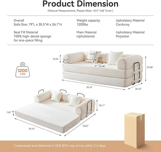 Convertible Folding Mattress Couch, 5-in-1 Futon Sofa with Armrests, Sleeper Mattress Sofa Bed Comfy Fold Out Bed for Living Room, Bedroom, Lounge,Guest, Office (Beige White)