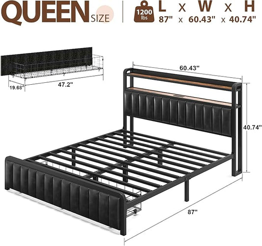 Queen Bed Frame with 2-Tier Storage Headboard, Metal Platform Bed Frame with Storage Drawers, Built in Charging Station & LED Light, PU Leather, Non-Slip, Easy to Assemble, Black