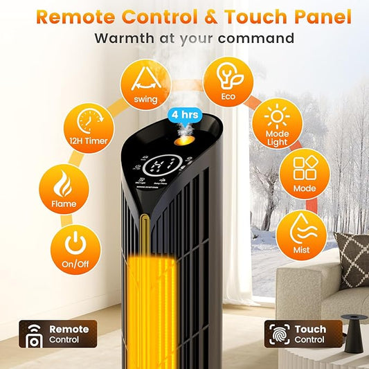 Auertech Space Heater with Humidifier & LED Light, 3 in 1 Portable Electric Heater with 3D Flame, Oscillating Room Heaters with Eco Mode, 28.5" Tower Heaters for Indoor Use Large Room, Office, Bedroom