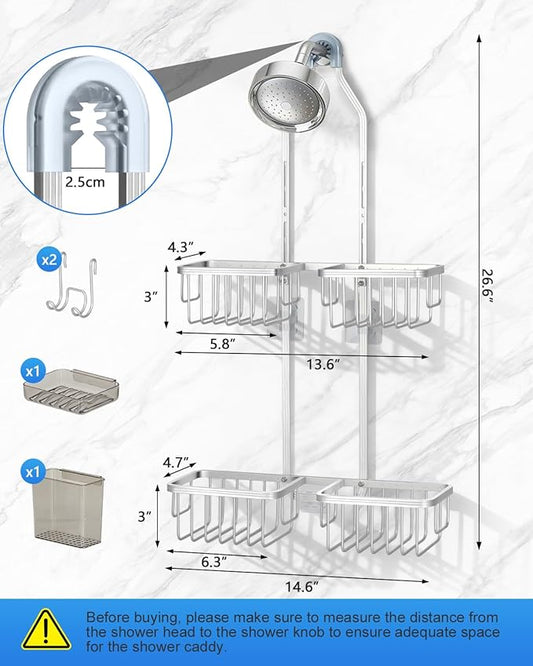 Adjustable Shower Caddy Hanging for Handheld Showerheads - Never Rust Shower Hanging Organizer, Upgraded Bathroom Shower Rack with Soap Basket, Hooks and Toothbrush Holder (Silver)