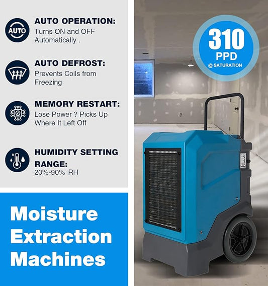 MOUNTO 310 Pints LGR Commercial Dehumidifier with Built-In Pump and Drain Hose – Portable, Heavy-Duty Dehumidifier with Wheels for Basements, Garages, Home, and Job Sites (Blue)