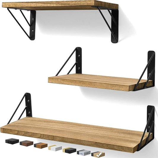 BAYKA Wall Shelves for Bedroom Decor, Floating Wall Shelves for Living Room Kitchen Storage, Wall Mounted Rustic Wood Floating Shelves for Kids Books, Corner Shelves for Bathroom(Brown,Set of 3)