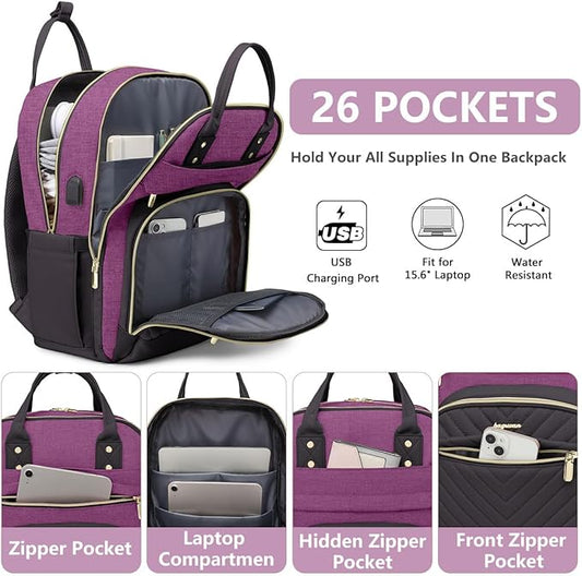 Laptop Backpack for Women Work Bag - 15.6 inch Travel Backpack with USB Charger Business Computer Backpacks for Work College Back pack for Teacher Casual Waterproof Bookbag for Nurses Purple