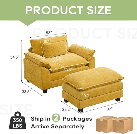 53" Modular Sectional Sofa, Comfy Cloud Couch Sectional Sofa with Ottoman, Chenille Sofa Sleeper Deep Seat Sofa with Throw Pillows for Living Room (Yellow)
